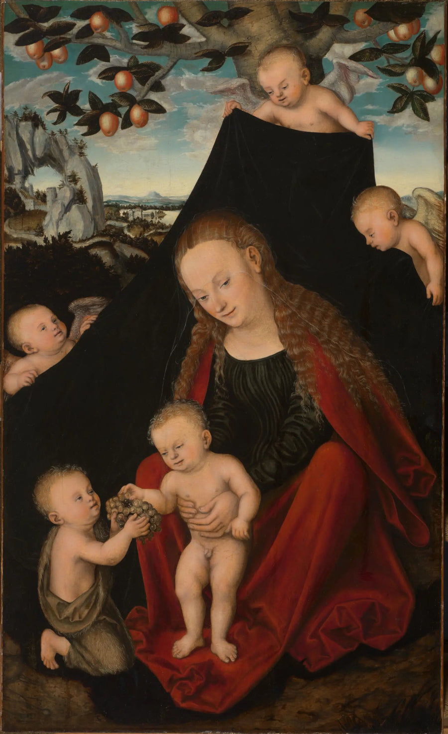 Neitsyt Jeesuksen kanssa, nuori pyhimys Johannes Kastaja ja enkeleitä - Lucas Cranach vanha mestari