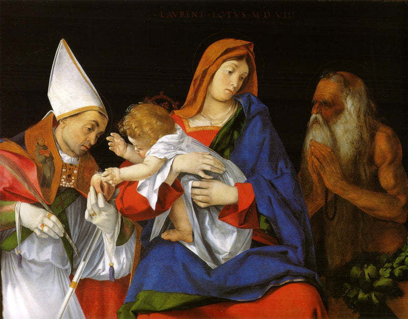 Neitsyt Jeesus-lapsen kanssa, pyhien Ignatius Antiokialaisen ja Onufriuksen kanssa - Lorenzo Lotto