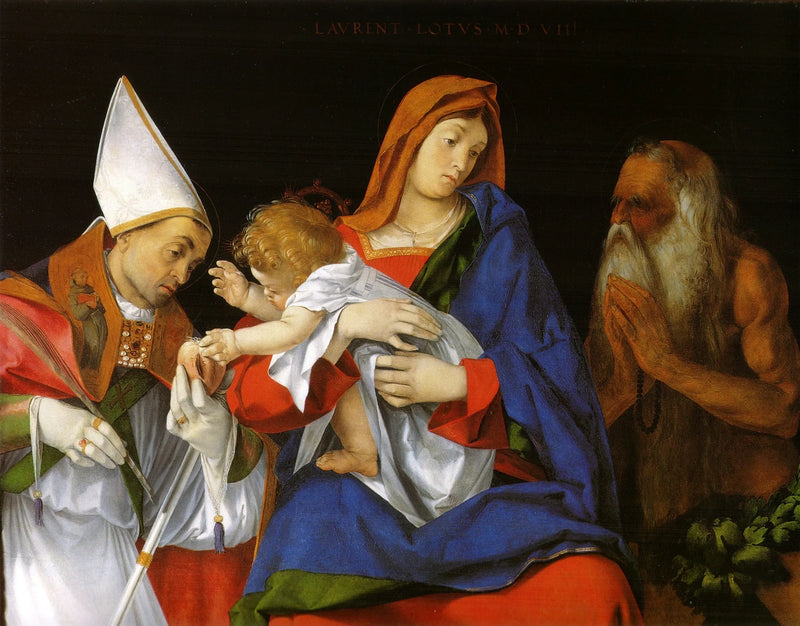 Neitsyt Jeesus-lapsen kanssa, pyhien Ignatius Antiokialaisen ja Onufriuksen kanssa - Lorenzo Lotto