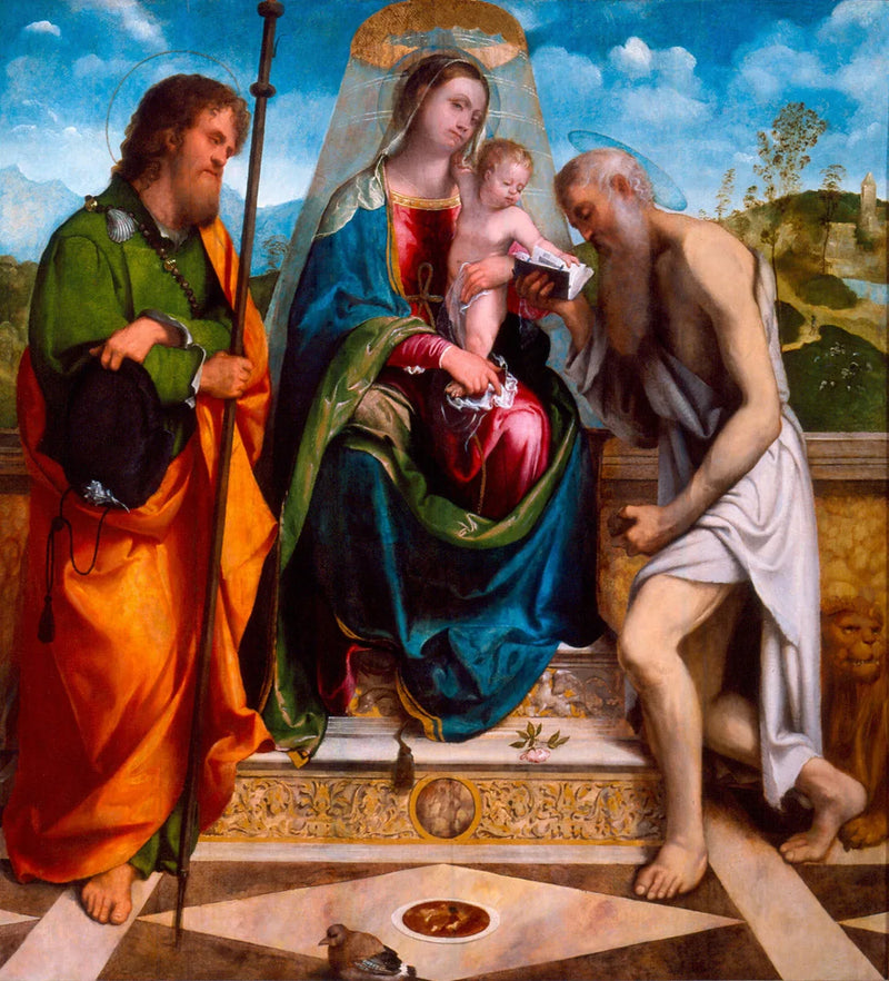Neitsyt Jeesus-lapsen kanssa, pyhimys Jaakko Majuri ja pyhimys Hieronymus - Alessandro Bonvicino