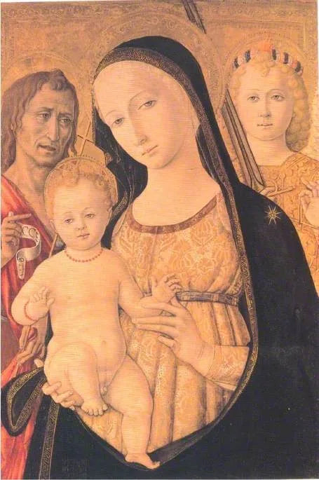 Neitsyt Jeesus-lapsen kanssa, pyhimys Johannes Kastaja ja arkkienkeli Mikael - Matteo di Giovanni
