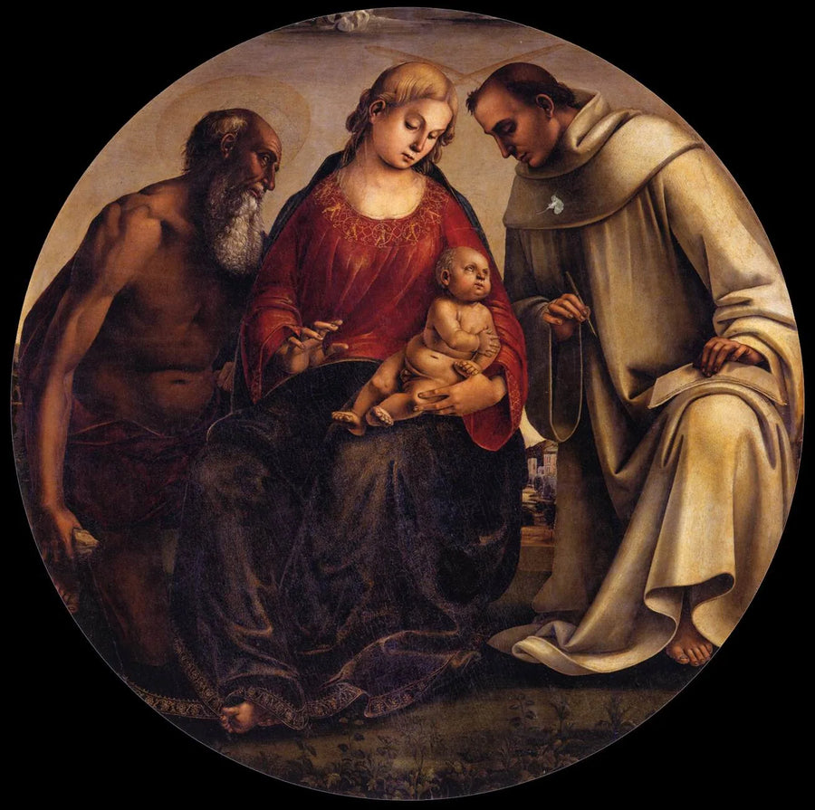 Neitsyt lapsen kanssa, pyhimys Jérôme ja pyhimys Bernard de Clairvaux - Luca Signorelli