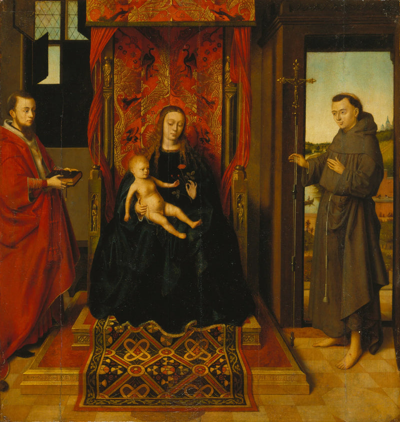 Neitsyt Jeesuksen kanssa, pyhimys Hieronymuksen ja pyhimys Franciscuksen kanssa - Petrus Christus