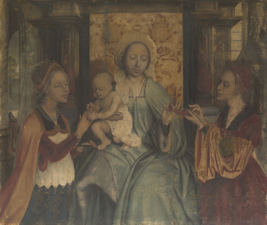 Neitsyt Jeesus-lapsen kanssa, pyhimyssankarit Sainte Barbe ja Sainte Catherine - Quentin Metsys