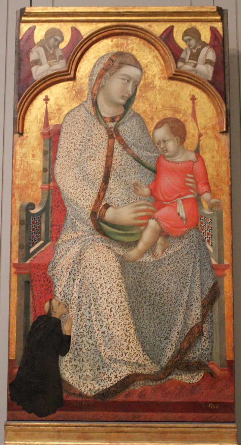 Neitsyt Jeesus-lapsen kanssa majesteetillisessa asennossa, lahjoittajien ja enkeleiden kanssa - Pietro Lorenzetti