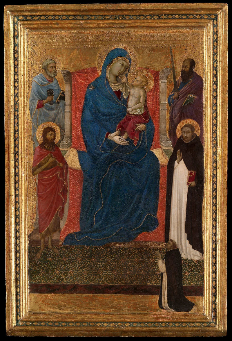 Neitsyt Jeesuksen kanssa majesteetissa, pyhimyksinä Pietari, Paavali, Johannes Kastaja, Dominicus ja lahjoittaja - Ugolino di Nerio