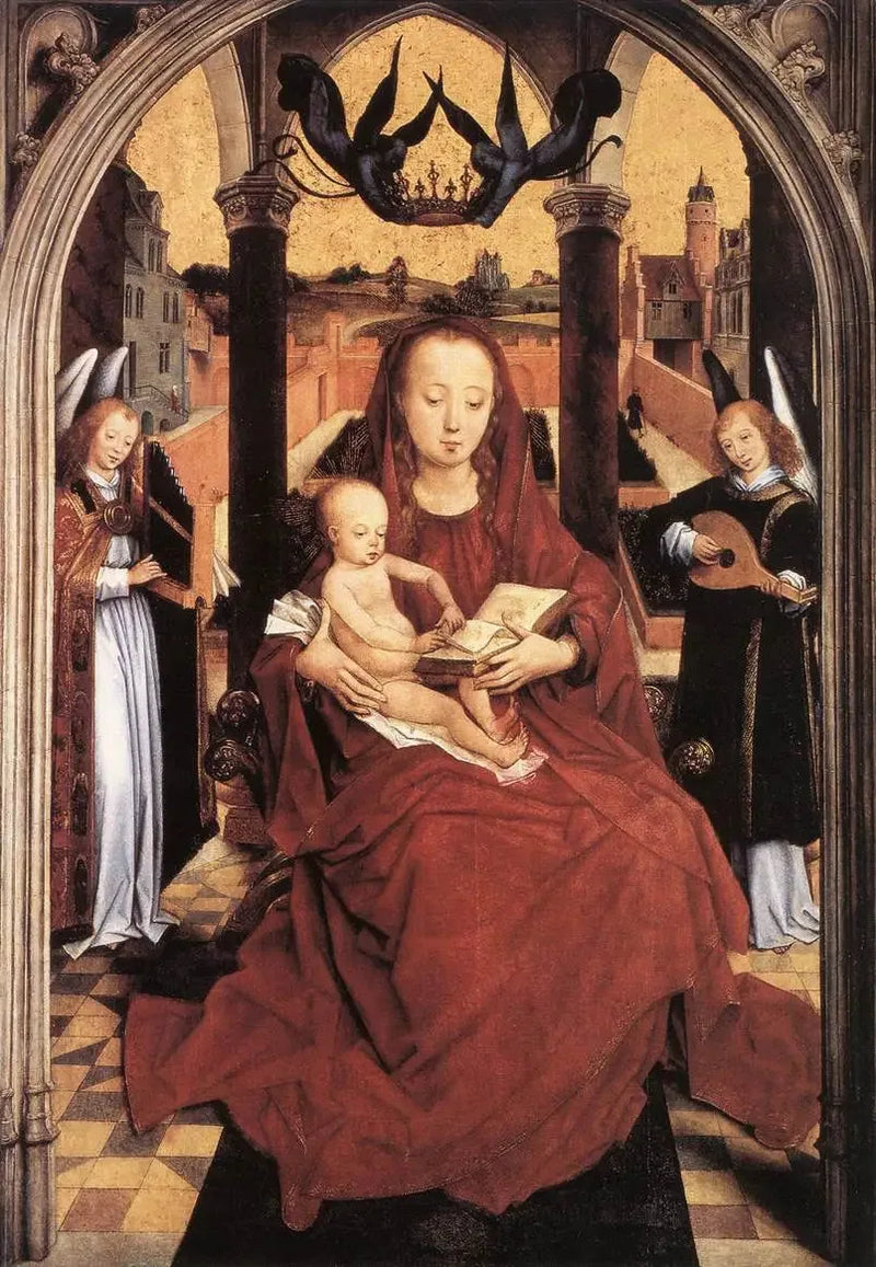 Neitsyt Jeesuksen kanssa valtaistuimella, kaksi muusikkoa enkeliä - Hans Memling