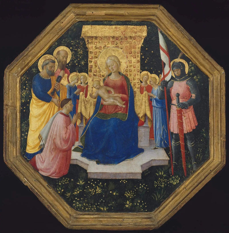 Neitsyt Jeesus-lapsen kanssa valtaistuimella, ympärillään pyhät Pietari, Paavali ja Yrjö, neljä enkeliä ja lahjoittaja - Fra Angelico