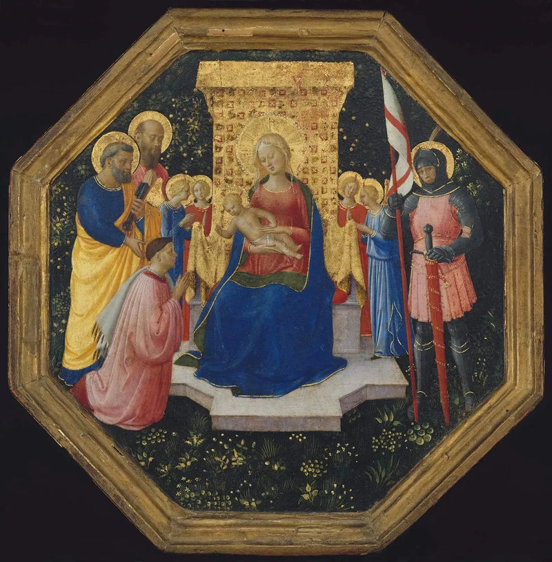 Neitsyt Jeesus-lapsen kanssa valtaistuimella, ympärillään pyhät Pietari, Paavali ja Yrjö, neljä enkeliä ja lahjoittaja - Fra Angelico
