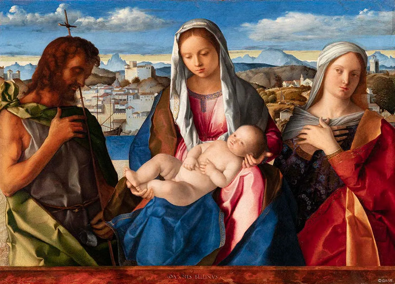 Neitsyt Jeesus-lapsen kanssa, ympäröity pyhimyksillä, kuten Pyhä Johannes Kastaja ja Pyhä - Giovanni Bellini