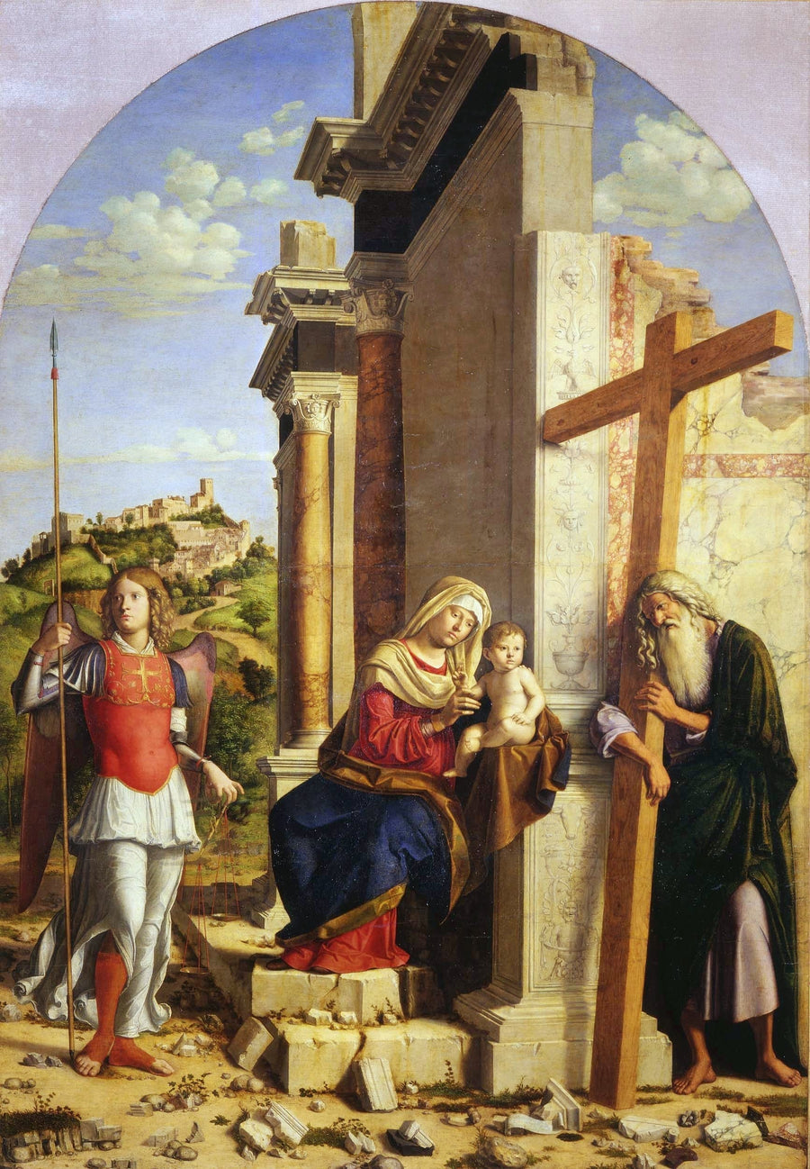 Neitsyt Jeesus-lapsen kanssa arkkienkeli Pyhä Mikael ja apostoli Pyhä Andrei - Cima da Conegliano