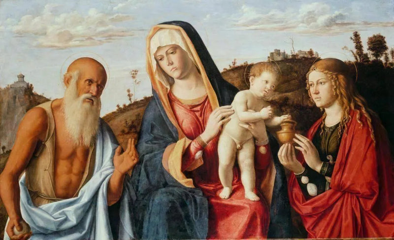 Neitsyt lapsen kanssa pyhimysten, Hieronymuksen ja Marian Magdalenan, välissä - Cima da Conegliano