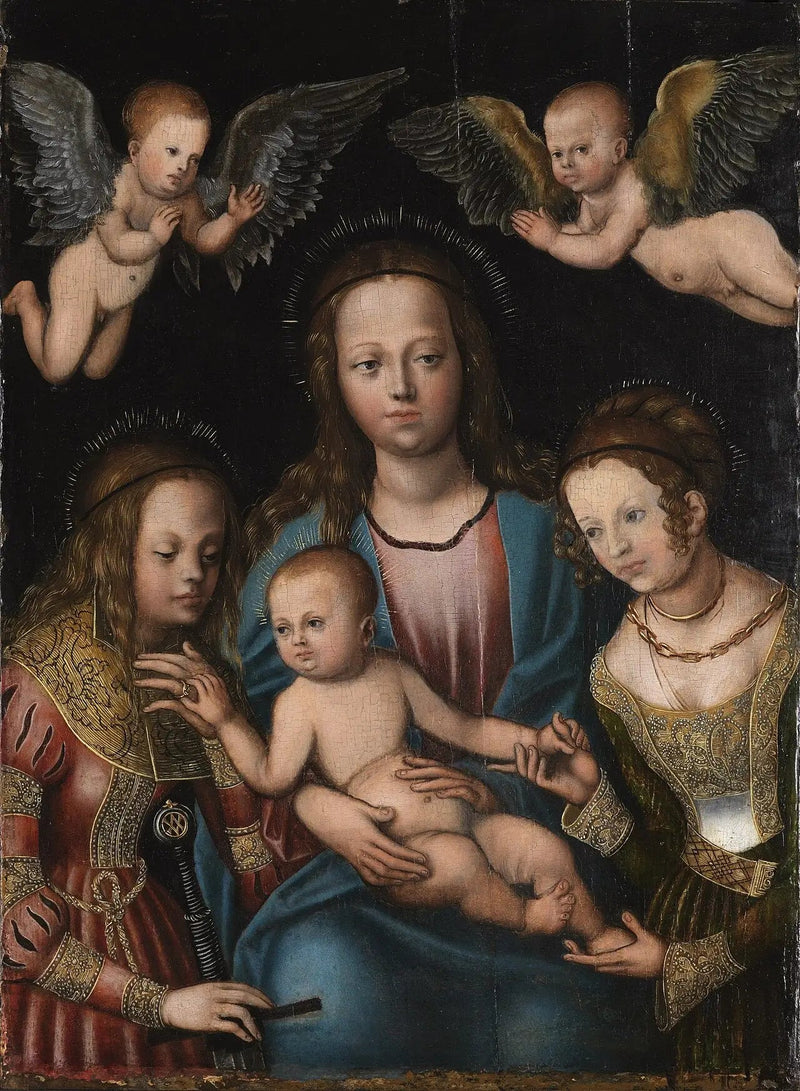 Neitsyt Jeesus-lapsen kanssa, Pyhä Katariina ja Pyhä Barbra - Lucas Cranach vanhempi