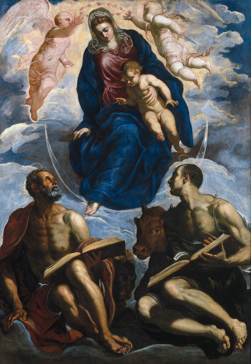 Neitsyt Jeesuksen kanssa, Pyhä Markus ja Pyhä Luukas - Jacopo Tintoretto