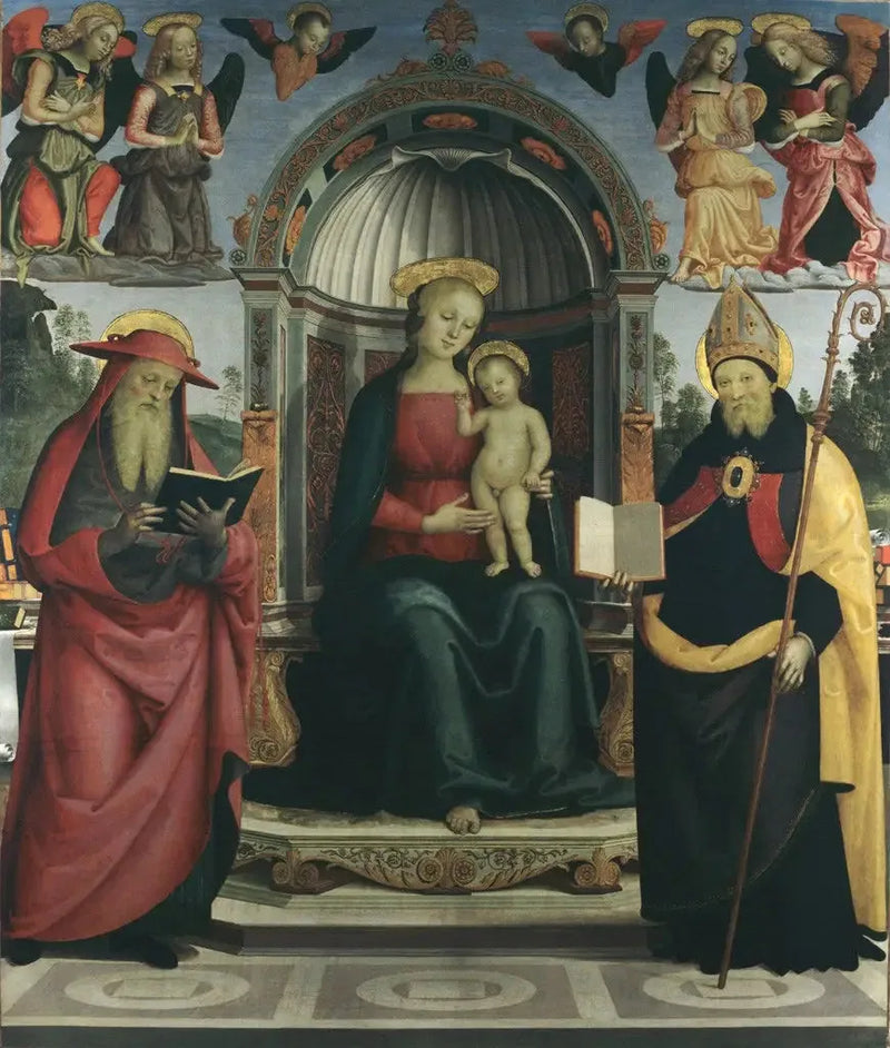 Neitsyt Jeesuksen kanssa valtaistuimella, ympärillään pyhä Hieronymus, pyhä Augustinus, neljä enkeliä ja kaksi kerubia - Pietro Perugino