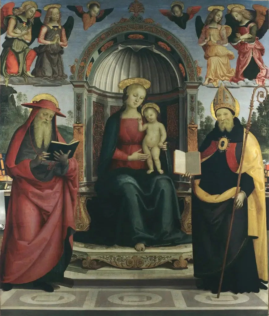 Neitsyt Jeesuksen kanssa valtaistuimella, ympärillään pyhä Hieronymus, pyhä Augustinus, neljä enkeliä ja kaksi kerubia - Pietro Perugino
