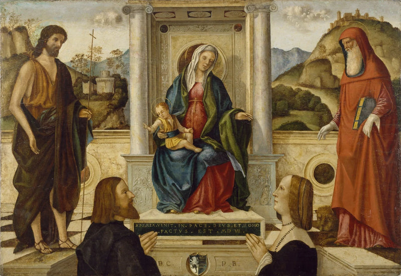 Neitsyt-lapsi istuu valtaistuimella, ympärillään pyhimyksiä ja lahjoittaja - Vittore Carpaccio