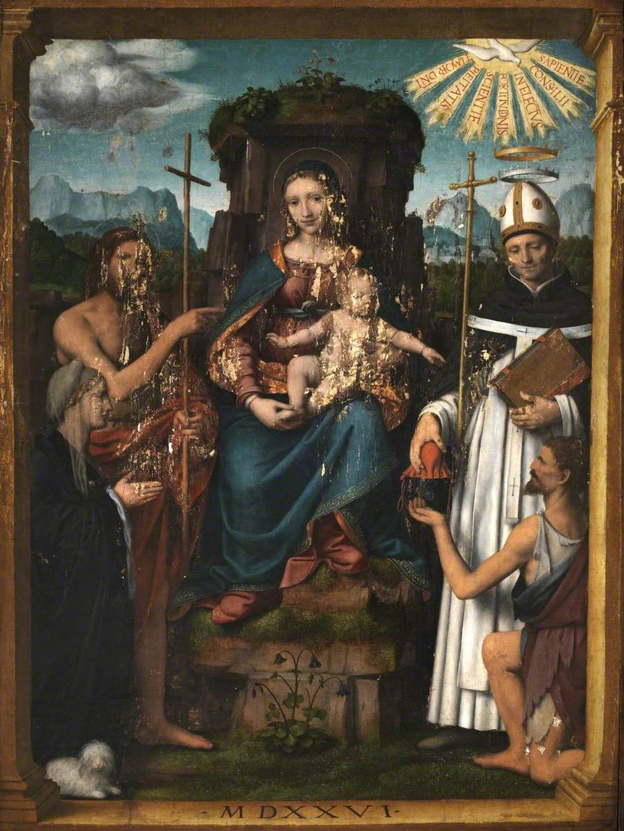 Neitsyt Jeesus-lapsen kanssa istuva, ympärillään pyhä Johannes Kastaja, pyhä Antoninus, lahjoittaja ja kerjäläinen - Bernardino Luini