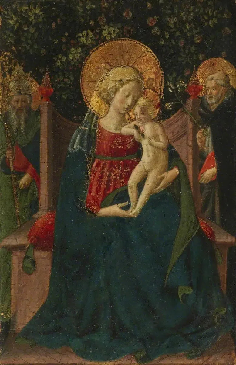Neitsyt-lapsi istuu valtaistuimella pyhimys Dominikun ja paavi-pyhän kanssa (aikaisemmin attribuoitu Domenico di Michelino) - Benozzo Gozzoli
