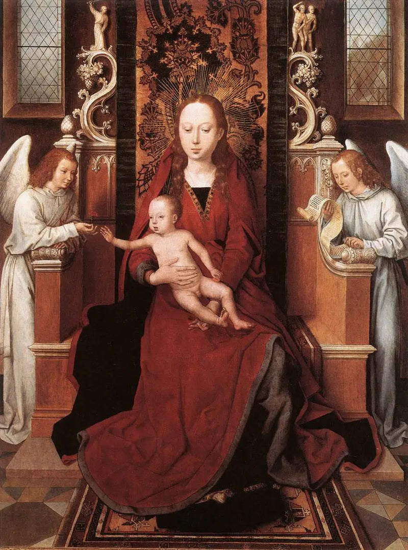 Neitsyt istuimella Pojan ja kahden enkelin kanssa - Hans Memling