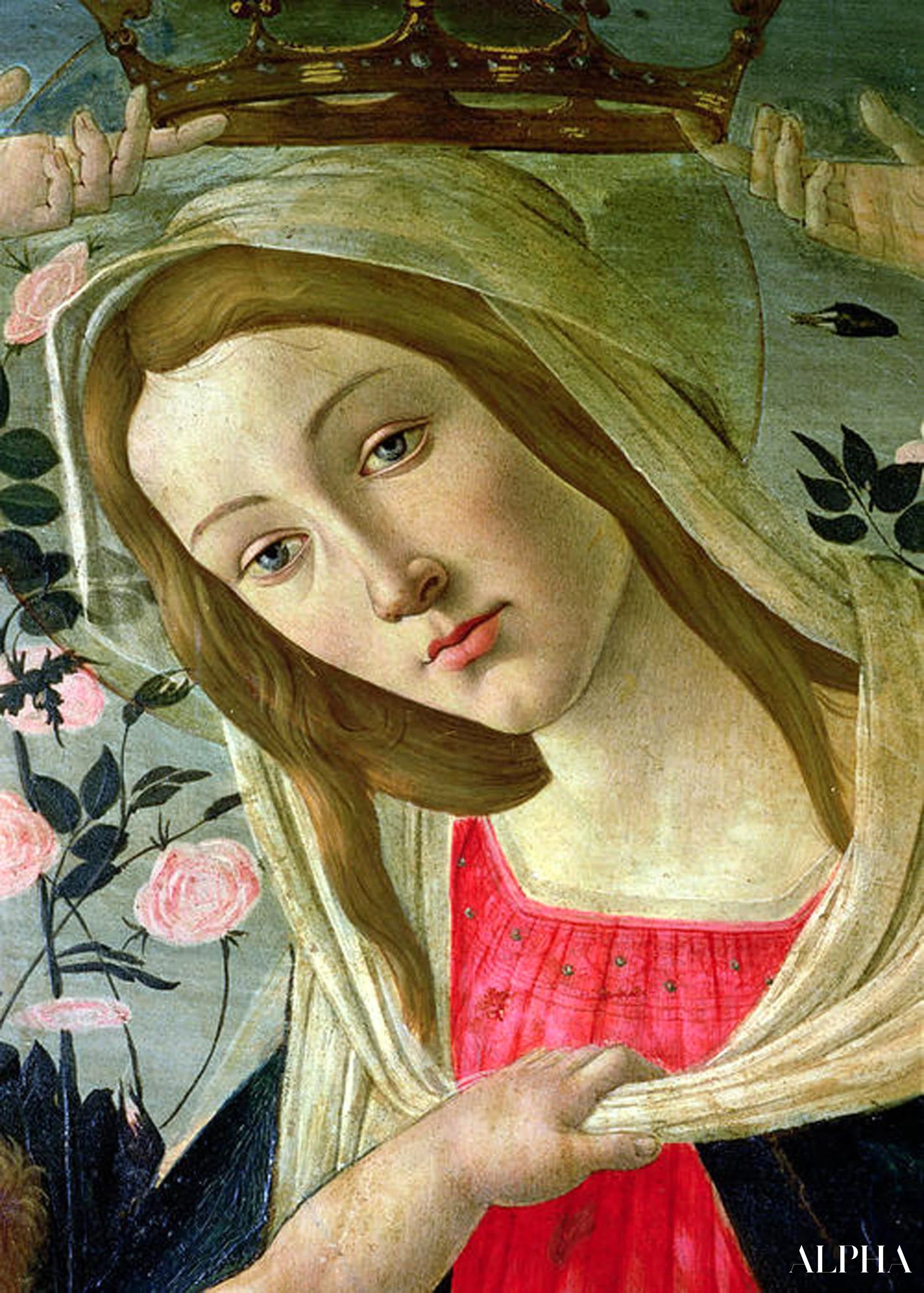 Neitsyt ja lapsi enkelien kruunaamina, yksityiskohta Neitsyestä - Sandro Botticelli - Taulujen ja korkealaatuisten maalauksien reproduktiot