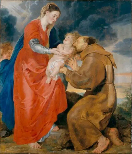 Neitsyt esittää Jeesus-lapsen Pyhälle Fransiskukselle Assisissa - Peter Paul Rubens