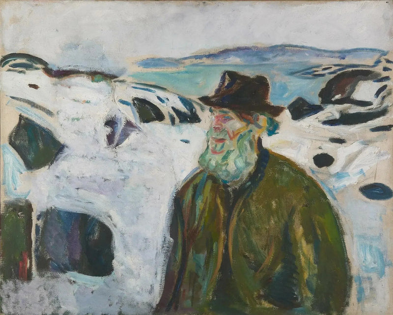 Vanha kalastaja lumipeitteisellä rannikolla - Edvard Munch