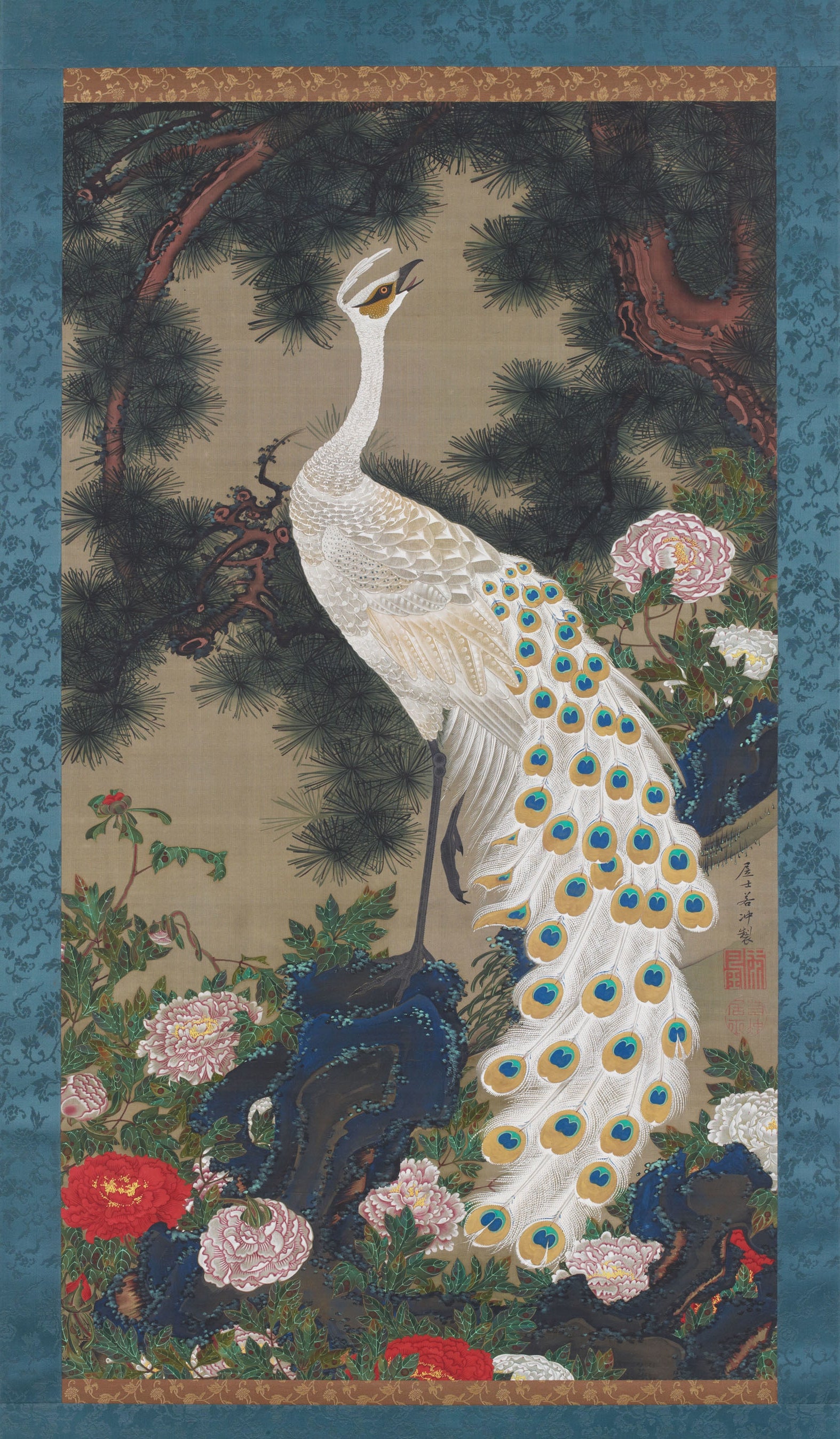 Vieux pin, paon et pivoines par Itō Jakuchū, peinture de pivoines