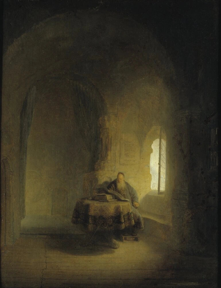 Vanha tiedemies ikkunan vieressä holvikatossa olevassa huoneessa - Rembrandt
