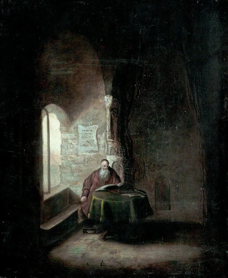 Vanha oppinut holvikammiossa - Rembrandt