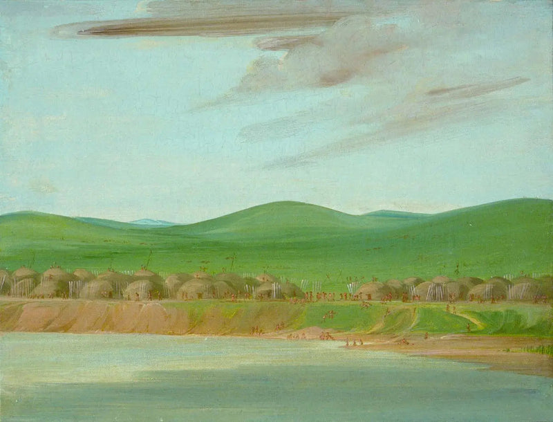 Arikara-kylä, maa-alueisiin peitetyt lomamajat, 2600 km Saint-Louisista yläpuolella - George Catlin
