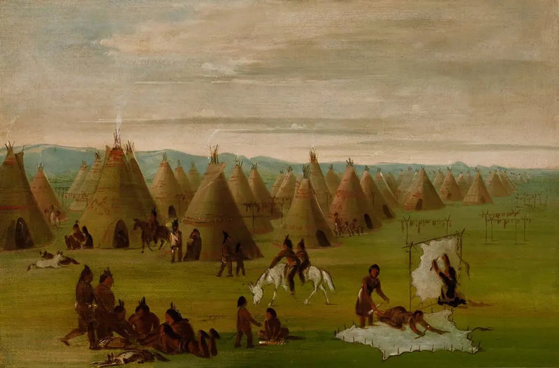 Comanche-kylä, naiset valmistamassa mekkojaan ja kuivaamassa lihaa - George Catlin
