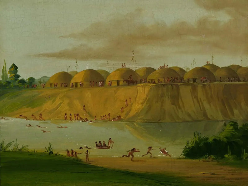 Village Hidatsa, majoja, jotka on peitetty maalla, Knife-joella, 1810 mailin päässä Saint-Louisista - George Catlin