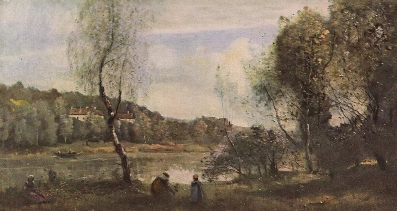 Ville d'Avray, koivun edustalla oleva lampi huviloiden edessä - Jean-Baptiste Camille Corot