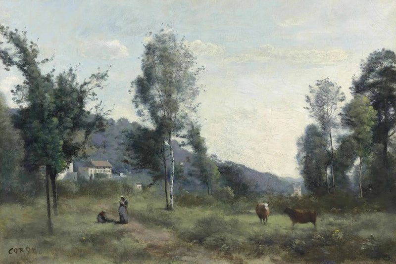Ville d'Avray, laitumella, taustalla, kukkula sumussa - Jean-Baptiste Camille Corot