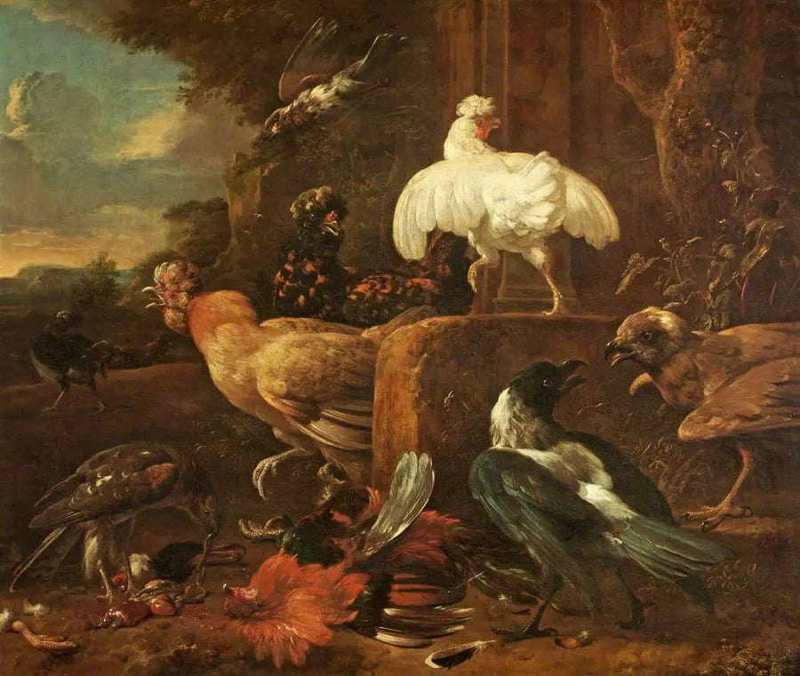 Siipikarja hyökkäyksen kohteena peto-linnuilla maisemassa - Melchior de Hondecoeter
