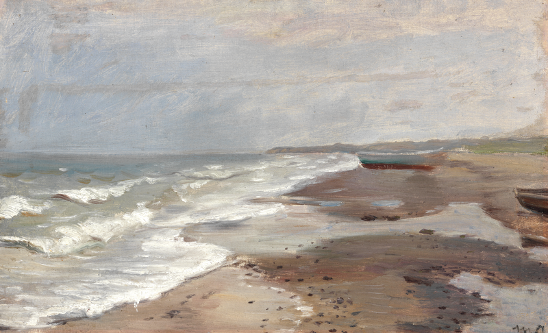 Rannikkonäkymä Skagenin rannalta ja kalastusveneitä rannalla. - Michael Peter Ancher