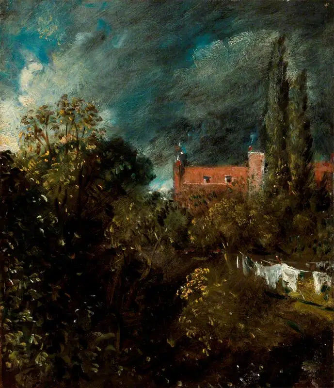Näkymä puutarhassa, punainen talo taustalla - John Constable