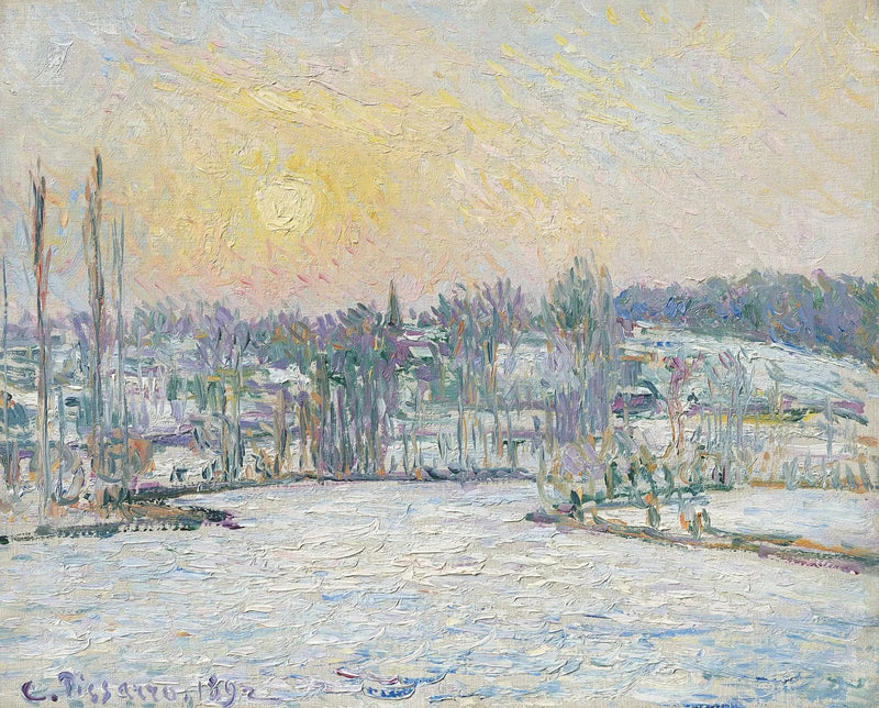 Bazincourtin näkymä, lumiefekti, auringonlasku - Camille Pissarro