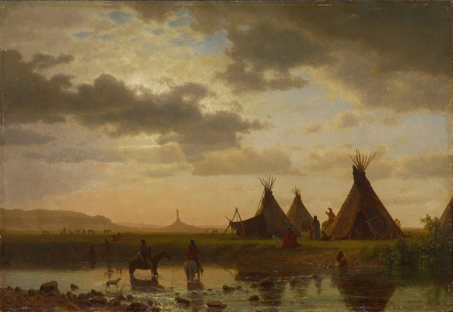 Chimney Rockin näköala, Ohalilahin sioux-kylän ensimmäisessä suunnassa - Albert Bierstadt