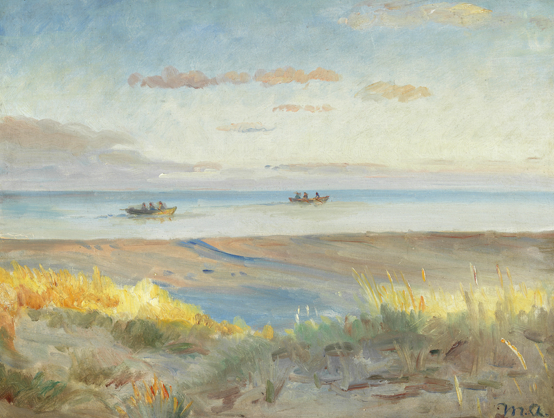 Näkymä Skagenin rannalle auringonlaskun aikaan. Kalastajia soutuveneissä merellä. - Michael Peter Ancher
