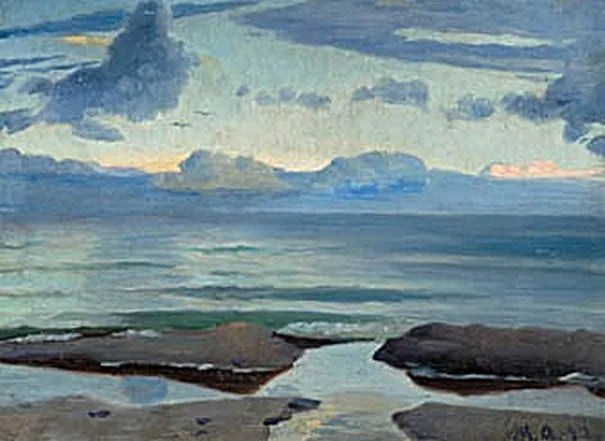 Näkymä Skagenin rannalle, lokkeja horisontissa, alkuilta. - Michael Peter Ancher