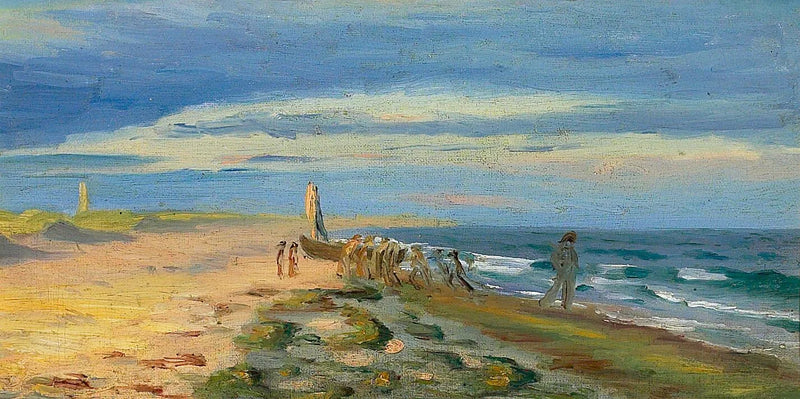 Näkymä Skagenin rannalle, ihmisiä veneessä. Skagenin majakka taustalla. - Michael Peter Ancher