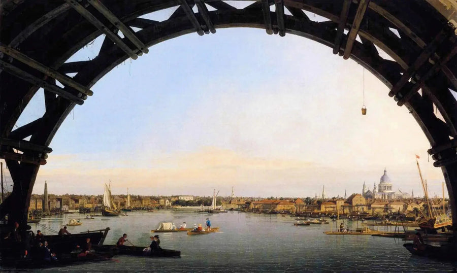 Näkymä Thames-joelta ja Citystä Westminster Bridgen kaaren alla - Canaletto