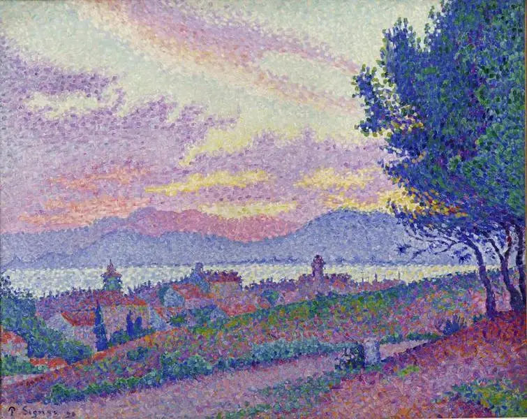 Näkymä Saint-Tropez'sta, auringonlasku mäntymetsässä - Paul Signac