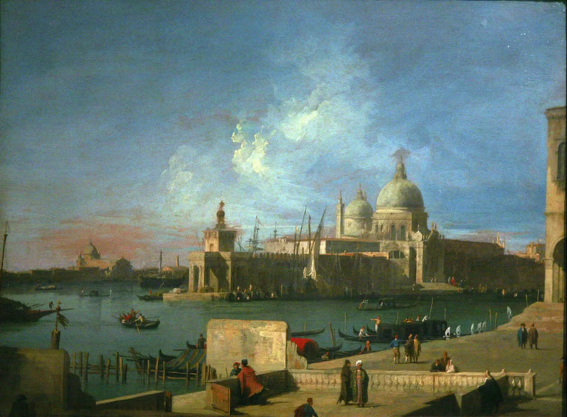 Santa Marian ja Saluten kirkon näköala, Grand Canalin sisäänkäynniltä - Canaletto