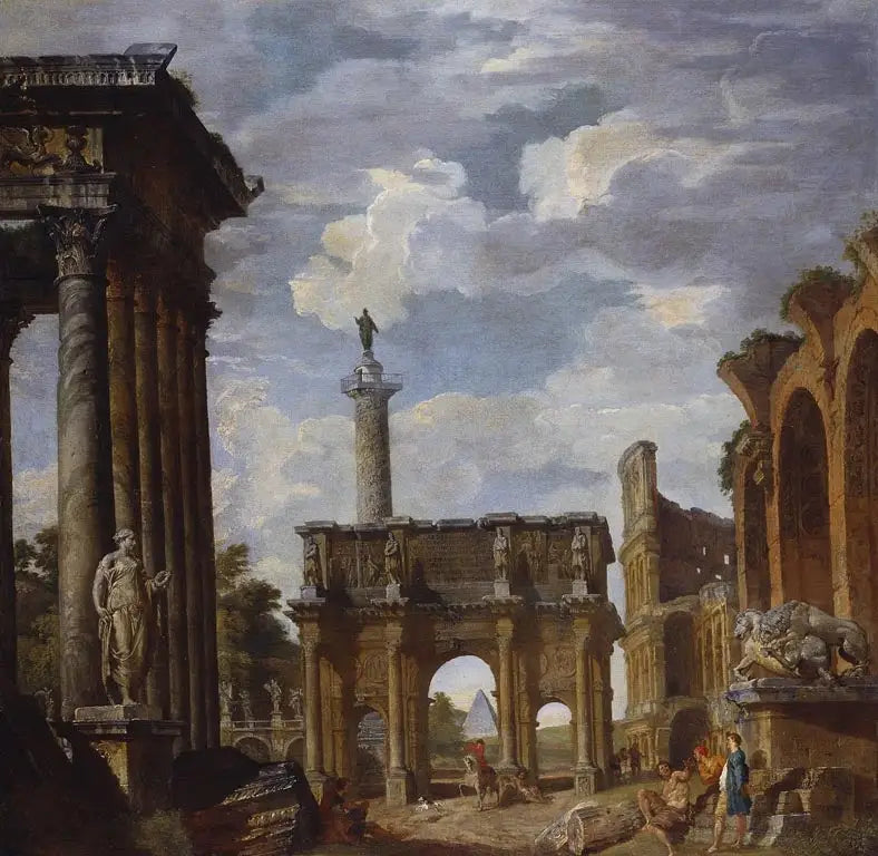 Näkymä Capriceen, jossa on Konstantinuksen kaari ja muita roomalaisia raunioita - Giovanni Paolo Panini