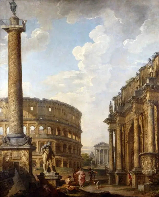 Näkymä Capriceen Trajanuksen pylvään ja roomalaisten raunioiden kanssa - Giovanni Paolo Panini