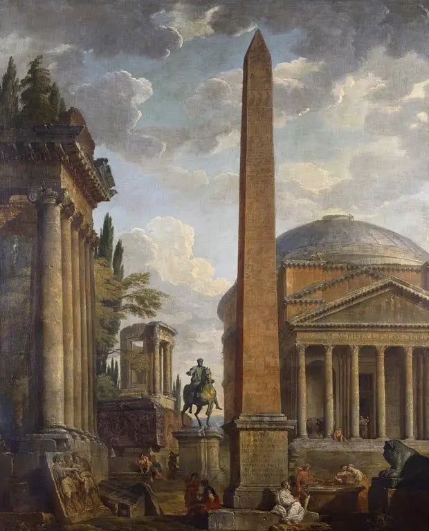 Näkymä Capriceen Panthéonilla ja roomalaisilla raunioilla - Giovanni Paolo Panini