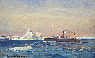 Näkymä Karpaateista, jotka ohittavat jäävuoret Titanicilta pelastettujen jäävuorten jälkeen - Colin Campbell Cooper